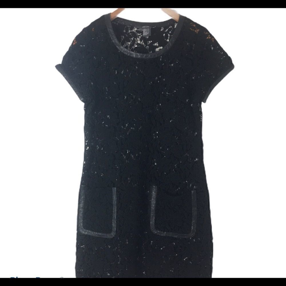 #100 PER SE Black Crochet & Leather Mini Dress